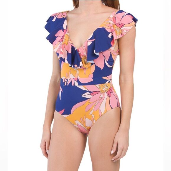 NWT TRINA TURK Breeze Ruffle One-Piece Swimsuit size 12 - Picture 1 of 2